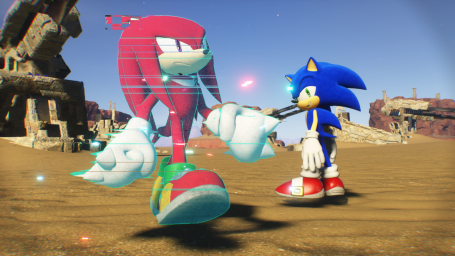 Sonic precisa resgatar as memórias de seus amigos para tira-los do mundo virtual. Nesta imagem Sonic traça planos com Knuckles.